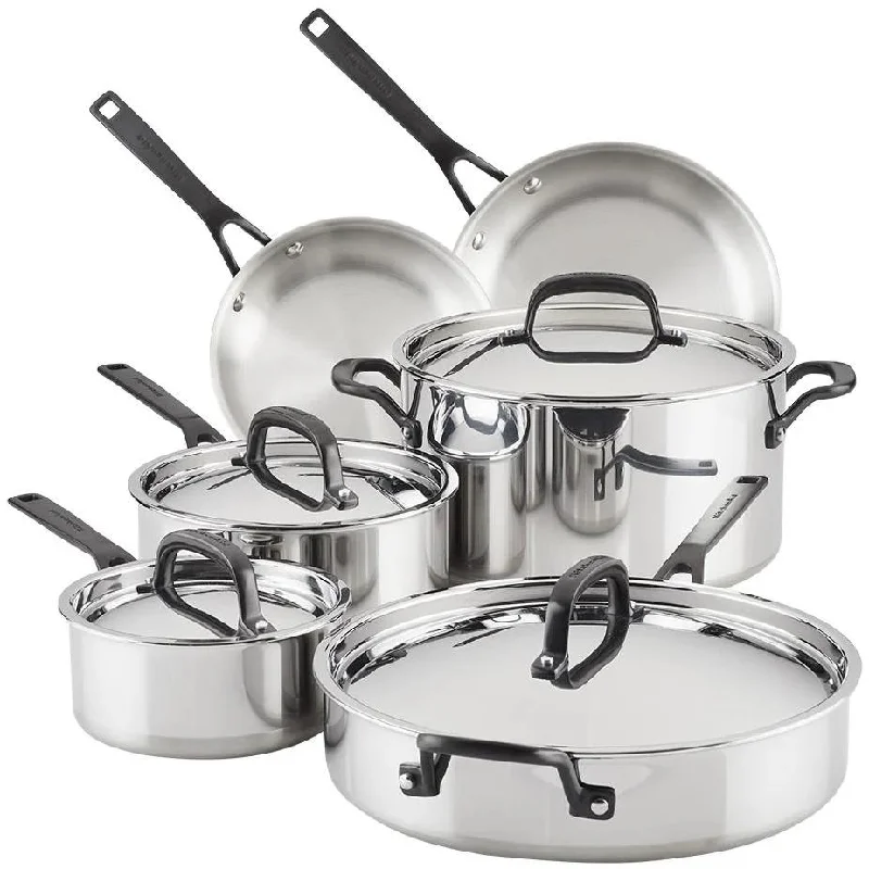 KitchenAid 5-Ply Clad Stainless Steel Cookware Set, 10-Piece, Polished Stainless Steel 30001-TF05