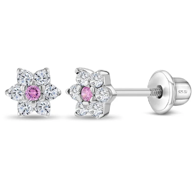 In Season Jewelry : CZ Cluster Flower Girls Earrings- Clear and Pink