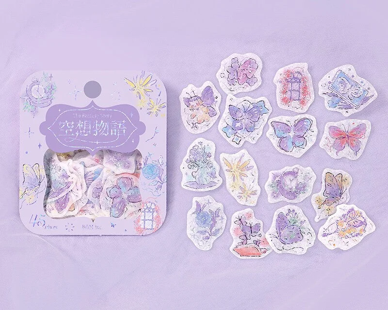 Cute Kawaii BGM Pastel Color Series Flake Stickers Sack - Purple Butterfly Flower - for Journal Agenda Planner Scrapbooking Craft Schedule