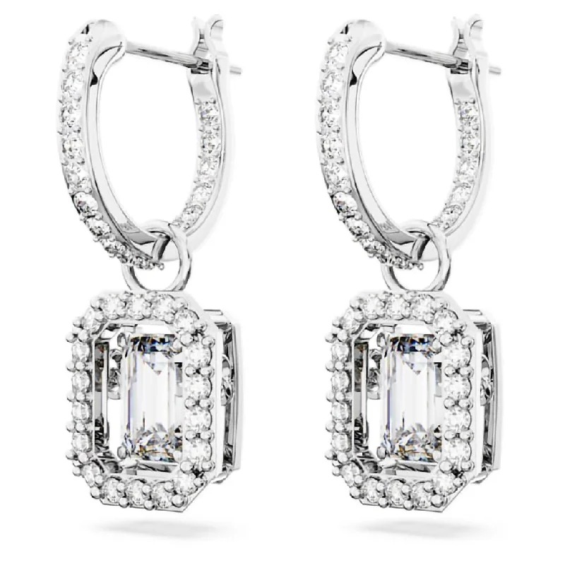 Swarovski : Una Drop Earrings in White -Octagon Cut, Rhodium