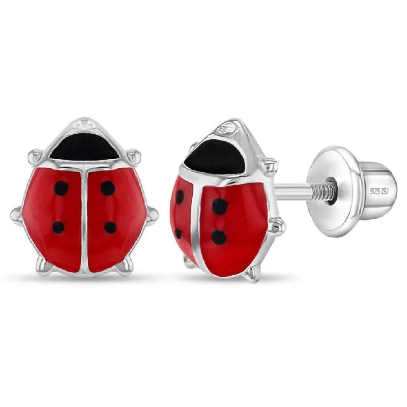 In Season Jewelry : Adorable Enamel Ladybug Girl Earrings-Red