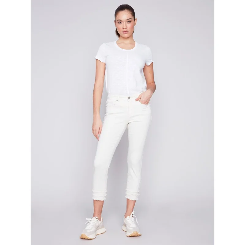 Charlie B : Frayed Hem Cropped Twill Pants - Natural