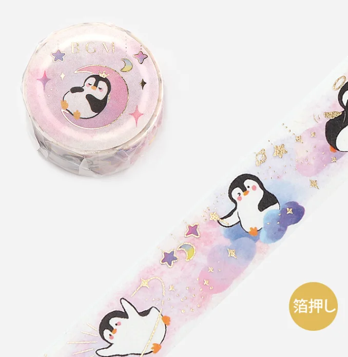 Cute Kawaii BGM Washi / Masking Deco Tape - Penguin ♥ Stars - for Scrapbooking Journal Planner Craft