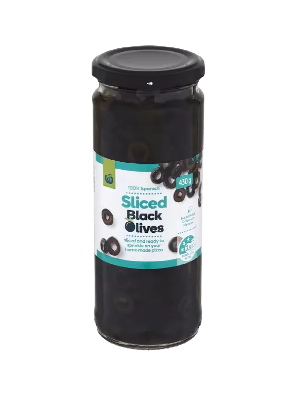 WOOLWORTHS BLACK SLICED OLIVES 430G