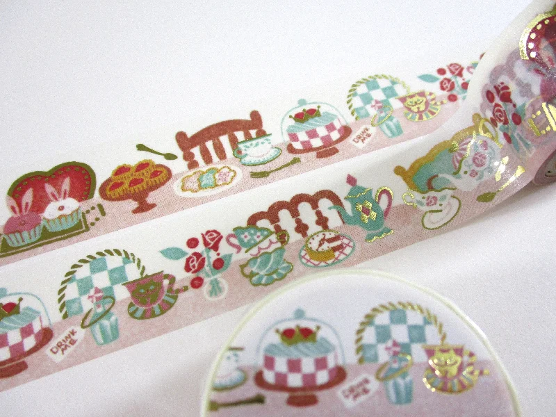 Cute Kawaii Papier Platz Washi / Masking Deco Tape with Gold Trim - Tea Time Strawberry Cake Cookie Bunny Rabbit - for Scrapbooking Journal Planner Craft Agenda Schedule Stationery