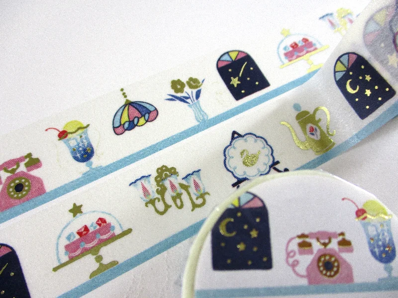 Cute Kawaii Papier Platz Washi / Masking Deco Tape with Gold Trim - Home Decor Decadent Sweets Strawberry Cake Tea time - for Scrapbooking Journal Planner Craft Agenda Schedule